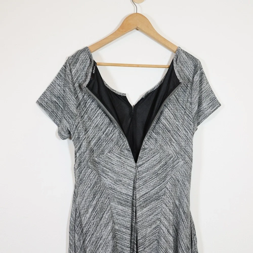 eShakti Gray‎ Fit Flare Midi Dress Medium A Line Notch Neck Work Office Lined